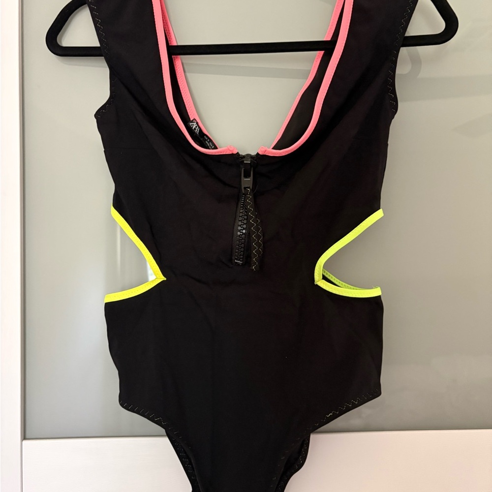 Zara Black Swimsuit with Pink Trim